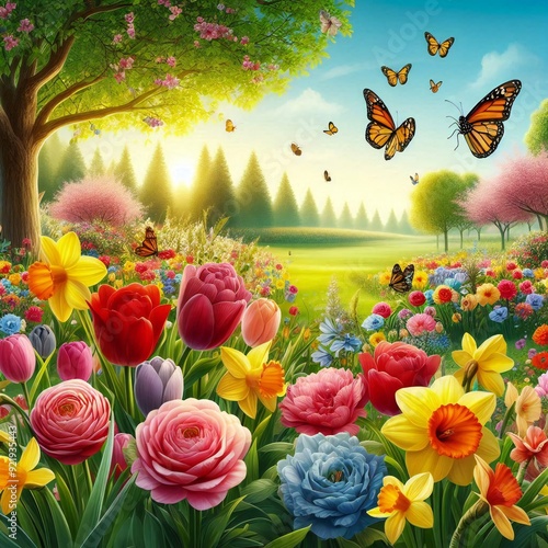 landscape with butterflies and flowers