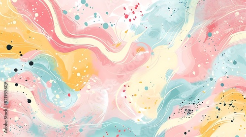 An abstract pastel pattern featuring swirling shapes and dots in shades of pink, mint, and yellow, creating a light and whimsical effect. Soft colors, high contrast, hd quality, playful and artistic.