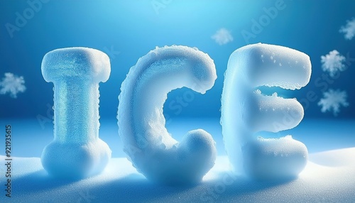 Ice 3d Text white snow ice isolated on blue snow background