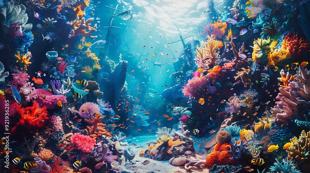 Obraz premium An artistic depiction of a coral reef scene with vibrant marine life, intertwined with nautical elements like anchors and shipwrecks. Bright colors, rich textures, hd quality, underwater and nautical.