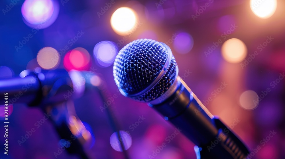 Obraz premium A microphone is foregrounded against vibrant stage lights, capturing the energy of a live music performance
