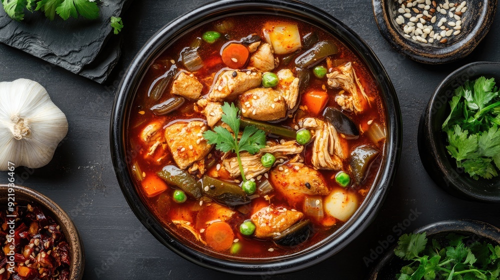 Top view of Korean chicken stew (dakdoritang) with vegetables and spicy sauce. Perfect for hearty meal ideas Top view of Korean chicken stew (dakdoritang) with vegetables and spicy sauce. Perfect for hearty meal ideas