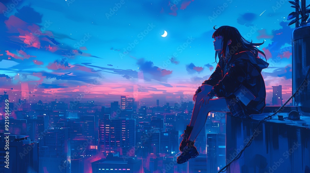 Fototapeta premium Anime Girl Reflecting on Rooftop at Dusk in Lo-Fi Aesthetic