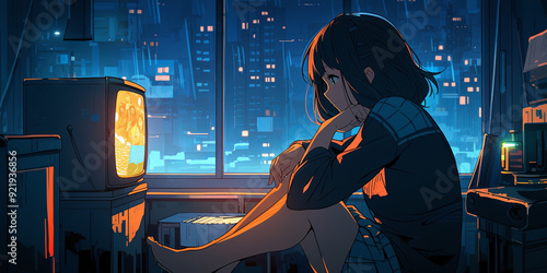 Anime Girl Watching TV Alone at Night in Lo-Fi Setting photo