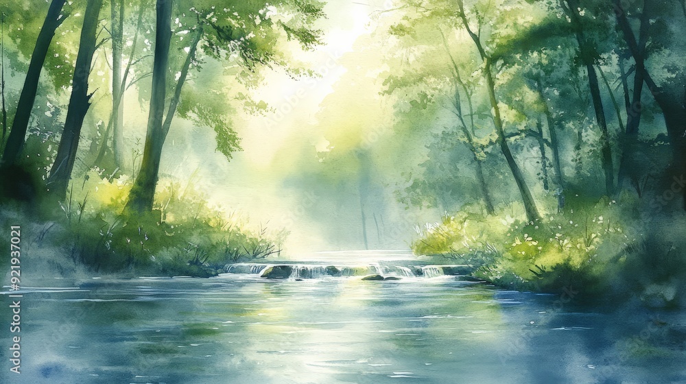 Fototapeta premium Serene forest stream with sunlight filtering through the trees, creating a peaceful and tranquil natural scene.