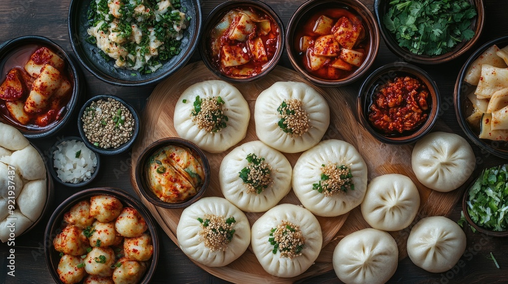 Top view of Korean steamed buns (bbang) with various fillings. Perfect for baking and recipe content Top view of Korean steamed buns (bbang) with various fillings. Perfect for baking and recipe content