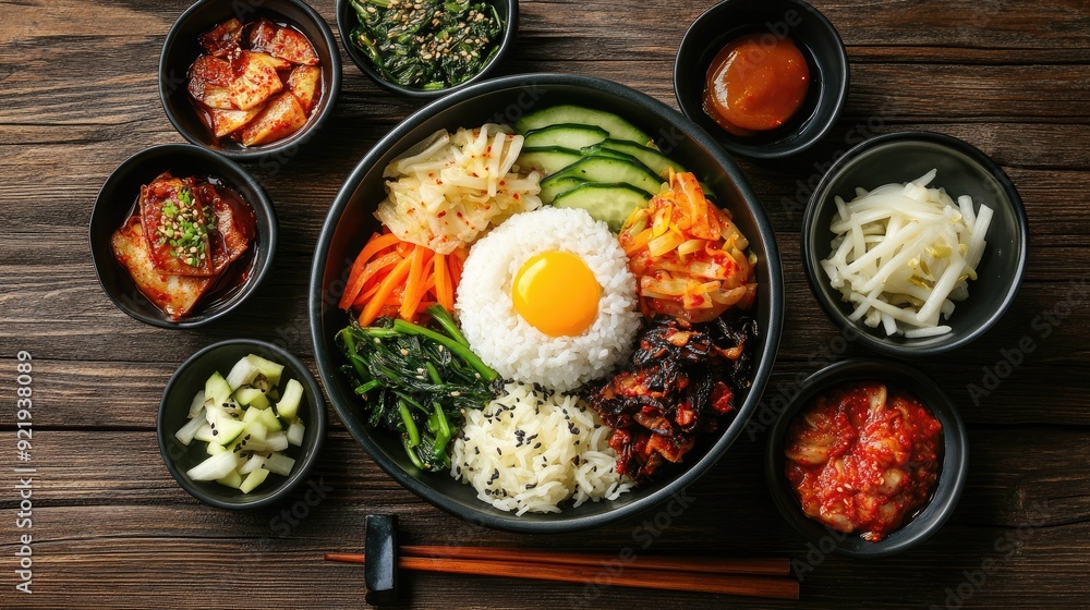 Traditional Korean rice with vegetable side dishes (banchan) on a wooden table. Great for cultural food content Traditional Korean rice with vegetable side dishes (banchan) on a wooden table. Great for cultural food content