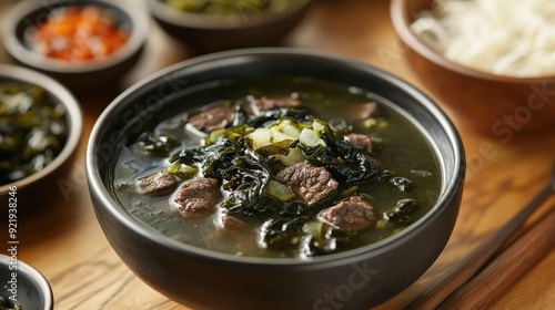 Traditional Korean seaweed soup (miyeok guk) with beef and seaweed. Perfect for healthy meal ideas