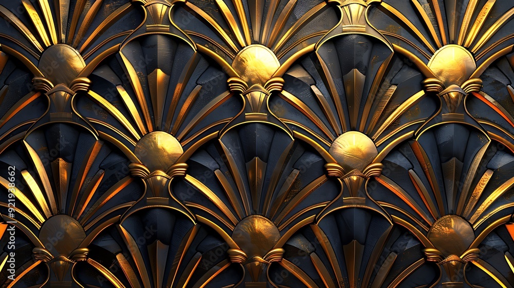 An opulent Art Deco pattern in gold and black, showcasing detailed geometric designs and fan motifs. High contrast, glamorous, hd quality, sophisticated and refined. --ar 16:9 --v 6. An opulent Art Deco pattern in gold and black, showcasing detailed geometric designs and fan motifs. High contrast, glamorous, hd quality, sophisticated and refined. --ar 16:9 --v 6.