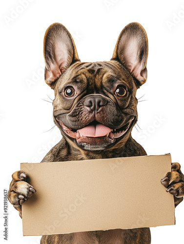 cute Fent Bulldog Dog  on a background of isolated white holds a rectangular piece of paper in its paws