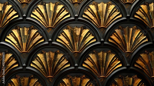 An opulent Art Deco pattern in gold and black, showcasing detailed geometric designs and fan motifs. High contrast, glamorous, hd quality, sophisticated and refined. --ar 16:9 --v 6.