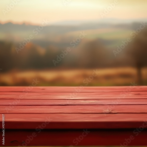 Warmtoned red table surface with a softly blurred countryside view, perfect for ruralthemed photography, warm red table, blurred countryside background, rustic photo