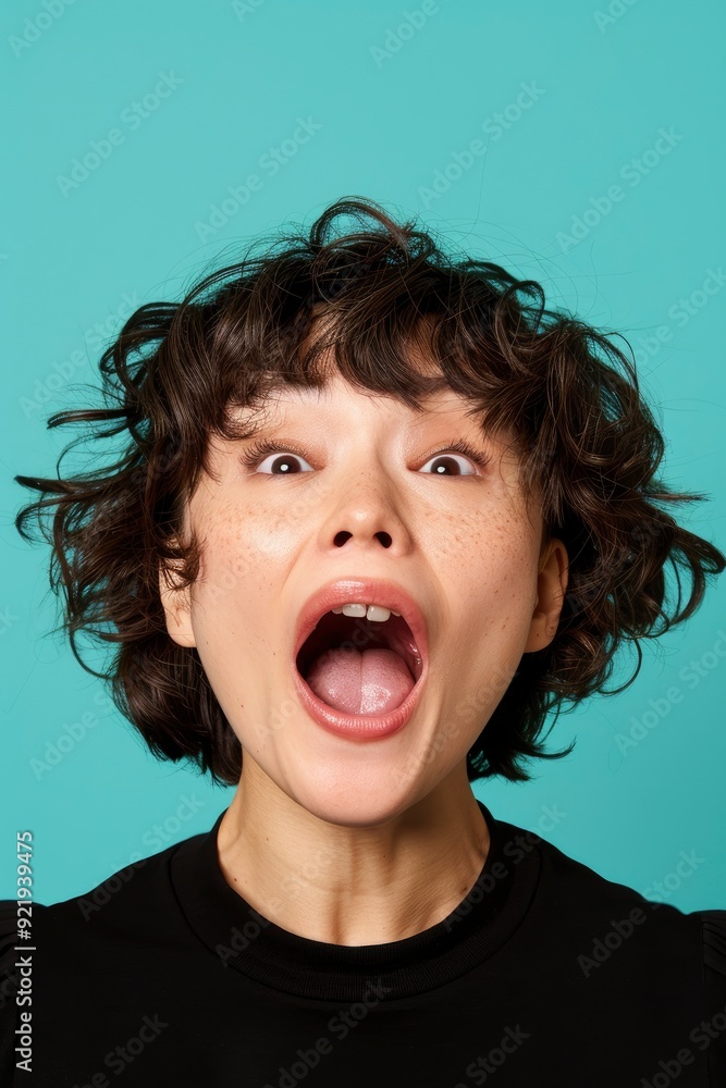 Shouting With Her Mouth Wide Open, A Friendly Young Asian Woman Raising Her Hands And Screaming An Announcement, Isolated Against A Light Blue Background Shouting With Her Mouth Wide Open, A Friendly Young Asian Woman Raising Her Hands And Screaming An Announcement, Isolated Against A Light Blue Background