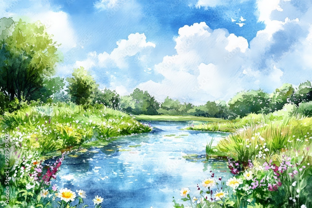 Fototapeta premium Serene summer landscape featuring a peaceful stream, blooming flowers, and lush greenery under a bright blue sky with fluffy white clouds.