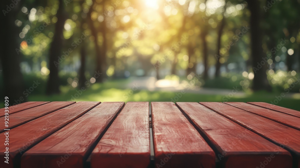 Deep red wooden tabletop with a softly blurred city park background, ideal for urban outdoor concepts, deep red table, blurred urban park background, outdoor Deep red wooden tabletop with a softly blurred city park background, ideal for urban outdoor concepts, deep red table, blurred urban park background, outdoor