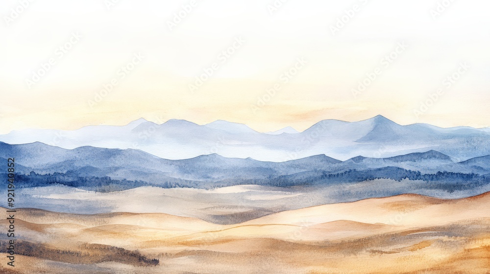Serene watercolor landscape painting featuring tranquil mountains and soft, rolling hills under a warm, pastel sky evoking calm and peace. Serene watercolor landscape painting featuring tranquil mountains and soft, rolling hills under a warm, pastel sky evoking calm and peace.
