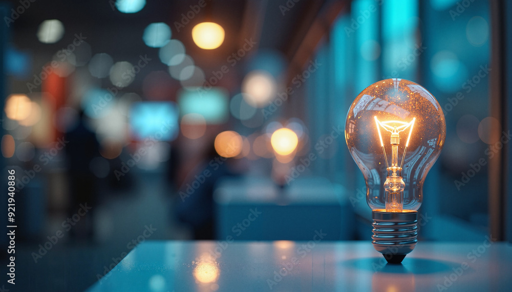Illuminated Light Bulb in Modern Office with Blurred Background Illuminated Light Bulb in Modern Office with Blurred Background