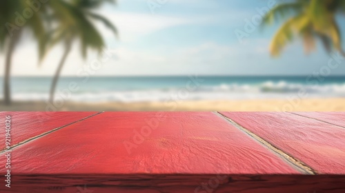 Vibrant red countertop with a softly blurred tropical beach scene, great for vacationthemed designs, vibrant red countertop, blurred tropical background, vacation photo