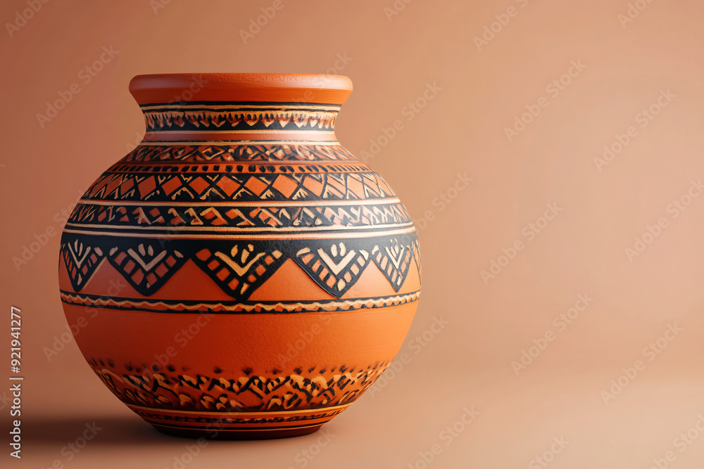 A terracotta vase with black tribal patterns on an earthy background showcasing intricate cultural designs A terracotta vase with black tribal patterns on an earthy background showcasing intricate cultural designs