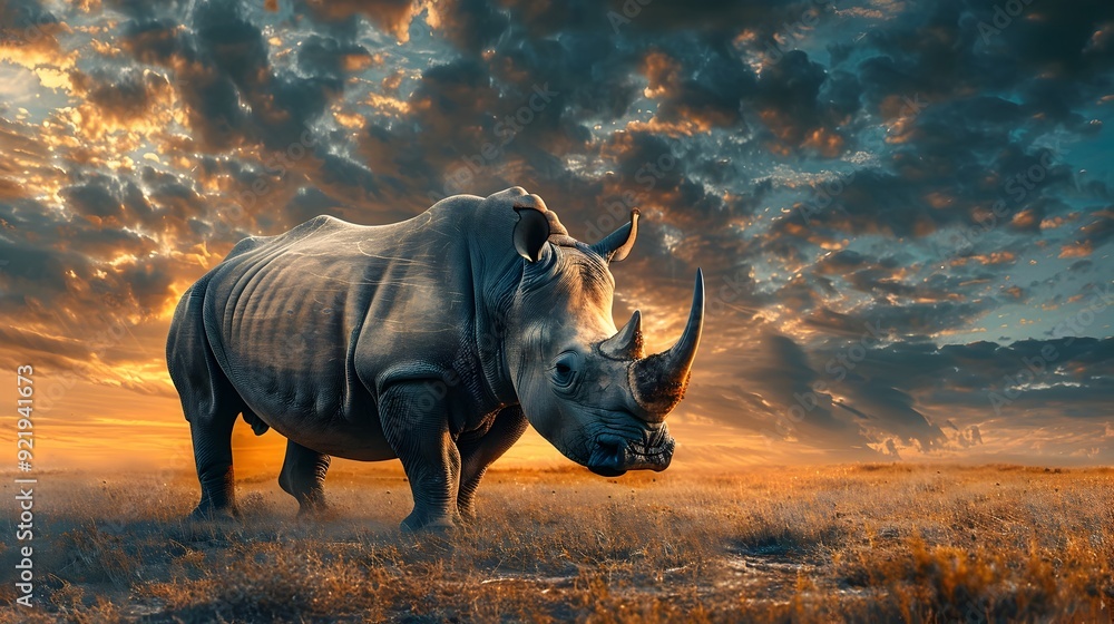 Fototapeta premium Majestic Rhinoceros Standing Resolute in the Vibrant Savanna Landscape