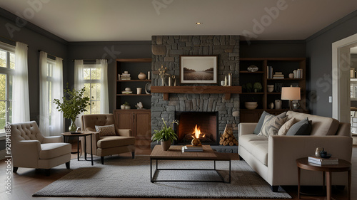 Wallpaper Mural Generative modern farmhouse wooden raw armchairs decoration sofa gas little living fireplace room mantel leather Simple edged Brown, frame mockup, ISO A paper size, living room wall poster mockup. Torontodigital.ca