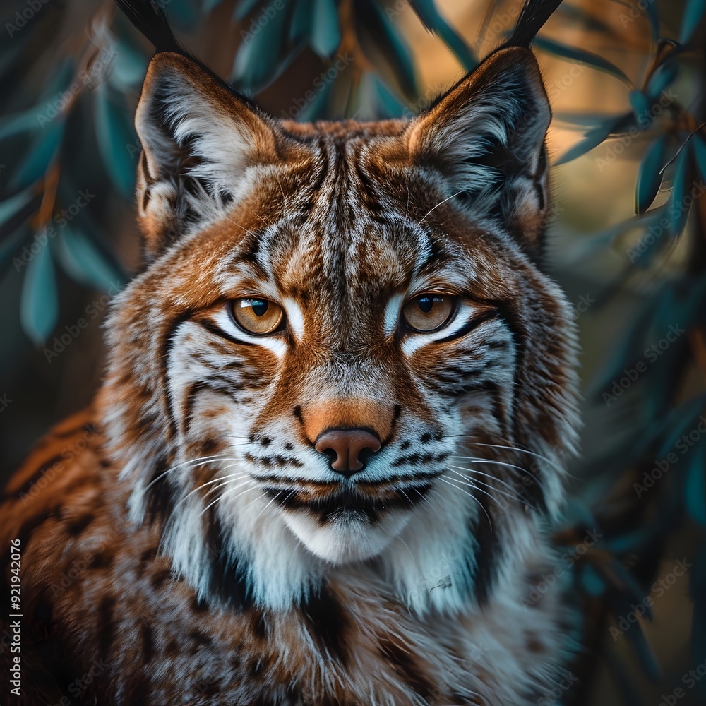 Fototapeta premium Piercing Gaze of a Majestic Lynx Amid Vibrant Forest Backdrop