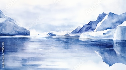 Wallpaper Mural Serene watercolor painting of a tranquil Arctic landscape with icebergs and calm reflective water creating a peaceful natural scenery. Torontodigital.ca