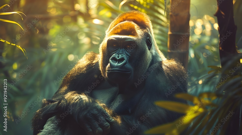 Obraz premium Majestic Gorilla Sitting Calmly in Vibrant Jungle Habitat Wildlife Portraits Concept