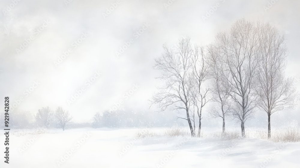 Serene winter landscape with bare trees and fog, creating a calm and peaceful atmosphere in a snowy field. Serene winter landscape with bare trees and fog, creating a calm and peaceful atmosphere in a snowy field.