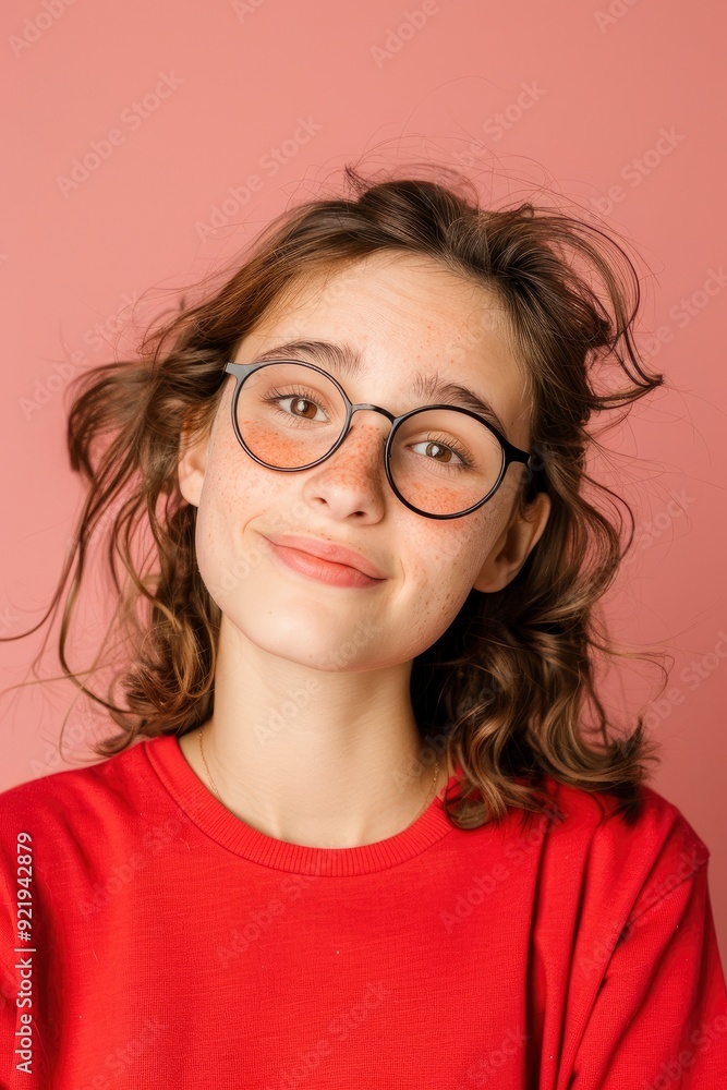 Fototapeta premium Portrait Of A Young Woman Showing Emotions, Wearing Glasses, Against A Pink Background