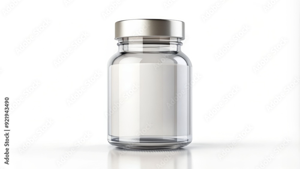 Empty transparent glass medicine bottle with label and cap isolated on white background, ready for customization, 3d rendered pharmaceutical packaging design template. Empty transparent glass medicine bottle with label and cap isolated on white background, ready for customization, 3d rendered pharmaceutical packaging design template.