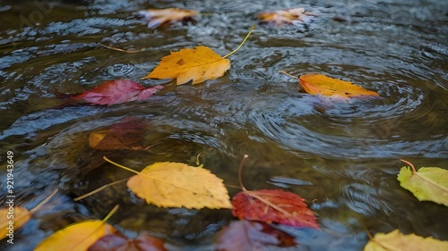 Slow motion of a vibrant autumn maple leaf floats gracefully on a muddy puddle, surrounded by scattered fallen leaves, capturing the serene essence of a crisp fall day in nature