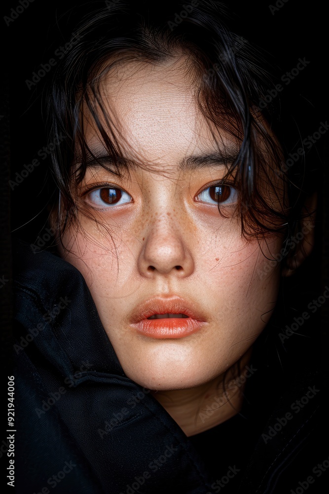 Fototapeta premium Portrait Of A Young Asian Woman Looking At The Camera, Feeling Fearful