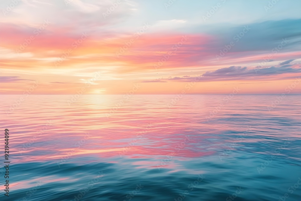 Serene ocean under a colorful sunset sky with pink and orange hues. Tranquil water reflecting the vibrant colors of the sky Serene ocean under a colorful sunset sky with pink and orange hues. Tranquil water reflecting the vibrant colors of the sky