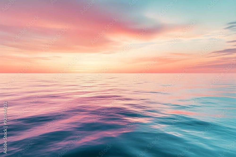 Fototapeta premium Serene ocean under a colorful sunset sky with pink and orange hues. Tranquil water reflecting the vibrant colors of the sky