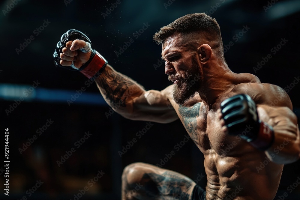 Fototapeta premium An fighter with detailed tattoos launching an aggressive punch inside the ring, muscles flexed, intensity high, capturing the raw energy and dedication of the sport.