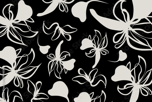 Dark monochromatic floral pattern vector style with soft white abstract flowers contrast sharply against a black background. This creates a striking.