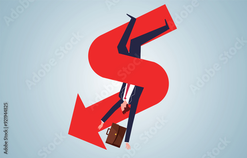 Failed business investments or career development plans, recession stock market crashes, operating losses, falling arrows wrapped around the businessman falling with them