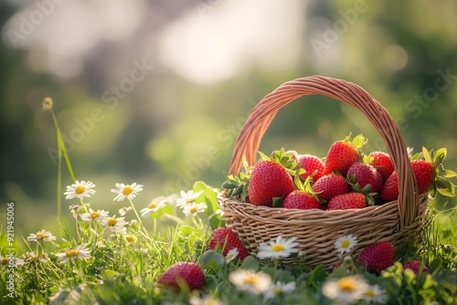 The basket of fresh strawberries lying in the grass, daisies blooming nearby, summer harvest conceptfresh strawberries, summer harvest, basket in grass, blooming daisies, ripe berries, natural setting photo