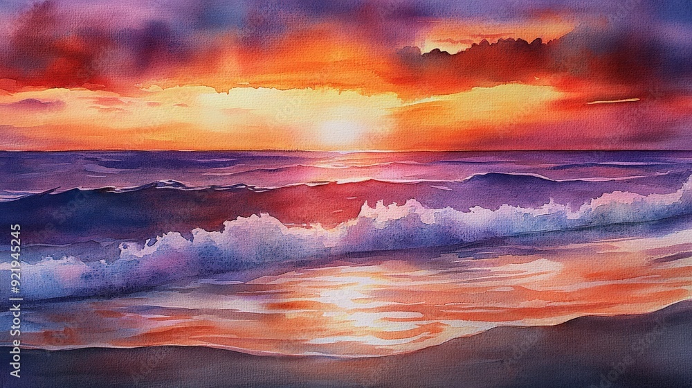 Fototapeta premium Stunning watercolor painting of a vivid sunset over a serene beach with colorful waves crashing onto the shore.
