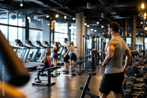 A busy gym with various individuals engaging in weight lifting and using cardio machines, highlighting the active lifestyle and fitness commitment of the participants. photo