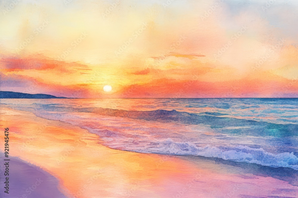 Fototapeta premium Stunning watercolor sunset over a tranquil beach with gentle waves and colorful skies, creating a serene and beautiful coastal scene.