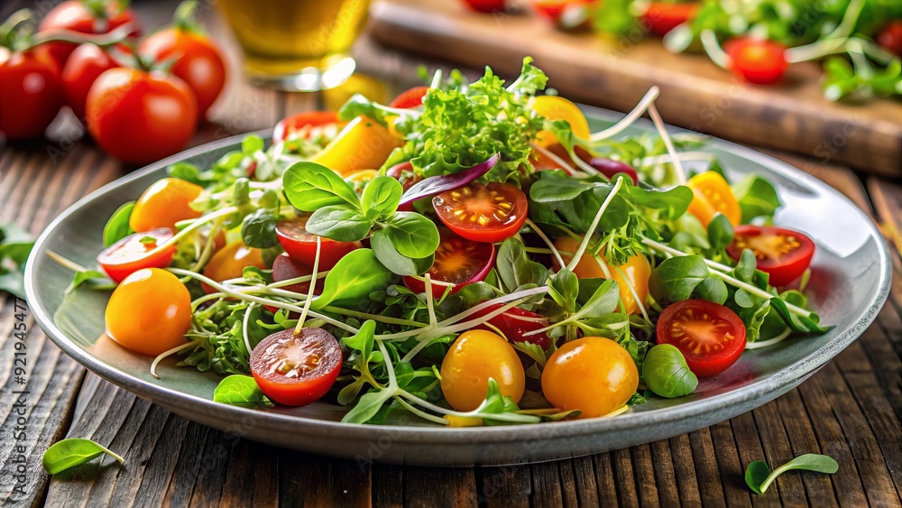 Freshly harvested microgreens add a burst of vibrant color and nutty flavor to a crisp, mixed green salad, topped with cherry tomatoes and citrus vinaigrette. Freshly harvested microgreens add a burst of vibrant color and nutty flavor to a crisp, mixed green salad, topped with cherry tomatoes and citrus vinaigrette.