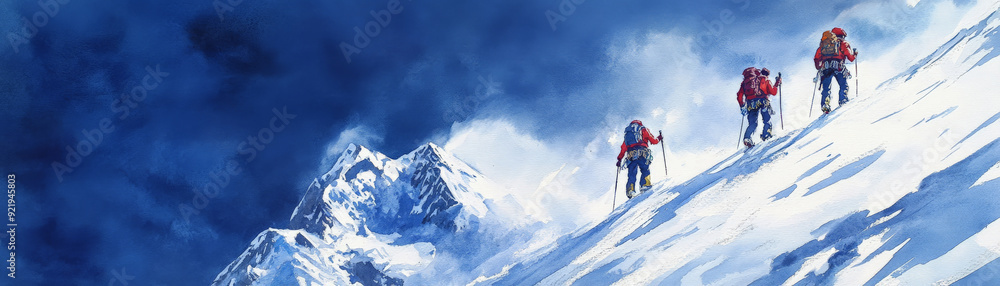 Three climbers ascend a snowy mountain ridge under a moody, cloudy sky. The scene captures the essence of adventure and determination. Three climbers ascend a snowy mountain ridge under a moody, cloudy sky. The scene captures the essence of adventure and determination.