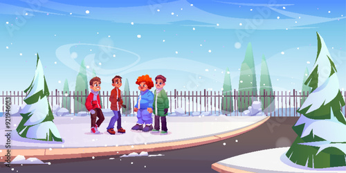 Teen boys in warm winter clothes meet together in city park covered with snow. Cartoon vector illustration of teenagers friends walk in snowy public urban garden with trees, fence and pathway.