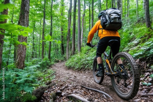 A solitary mountain biker ascends a lush forest trail, showcasing perseverance and a connection with nature. The rider is equipped for a challenging and scenic outdoor adventure.