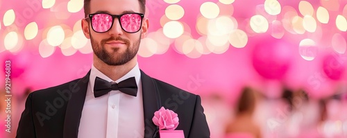 A fundraising gala with elegantly dressed attendees, pinkthemed decorations, and donation boxes, Breast Cancer Month, awareness, fundraising photo