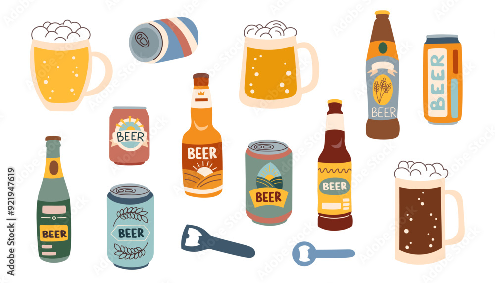 Set of beer bootles, cans and mugs isolated on white background. Oktoberfest concept. Beer festival concept. Beer brewing concept. Set of beer bootles, cans and mugs isolated on white background. Oktoberfest concept. Beer festival concept. Beer brewing concept.