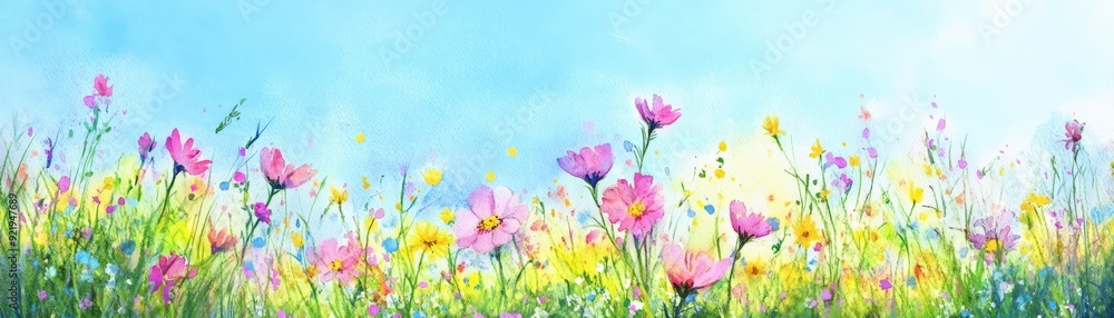 Vibrant field of colorful wildflowers under a bright blue sky, perfect for nature-themed designs and backgrounds. Vibrant field of colorful wildflowers under a bright blue sky, perfect for nature-themed designs and backgrounds.