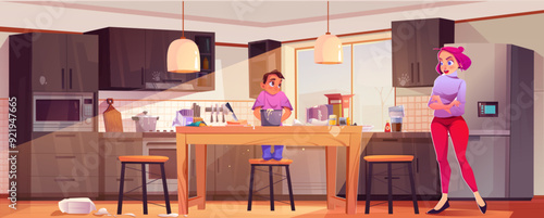 Angry mother scolding teen son for making mess in kitchen during cooking sweet dessert. Cartoon vector of cute funny teenager boy preparing food and stressed mom. Family in cuisine interior.